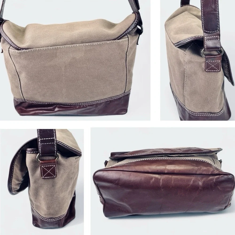 Lanidor Portugal Brown Buffalo Leather Canvas Messenger Bag Satchel Crossbody‎
